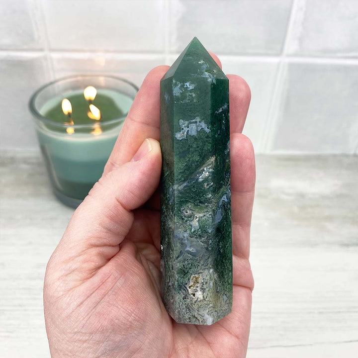 Polished Druzy Moss Agate Tower