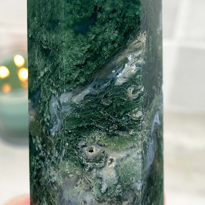 Polished Druzy Moss Agate Tower