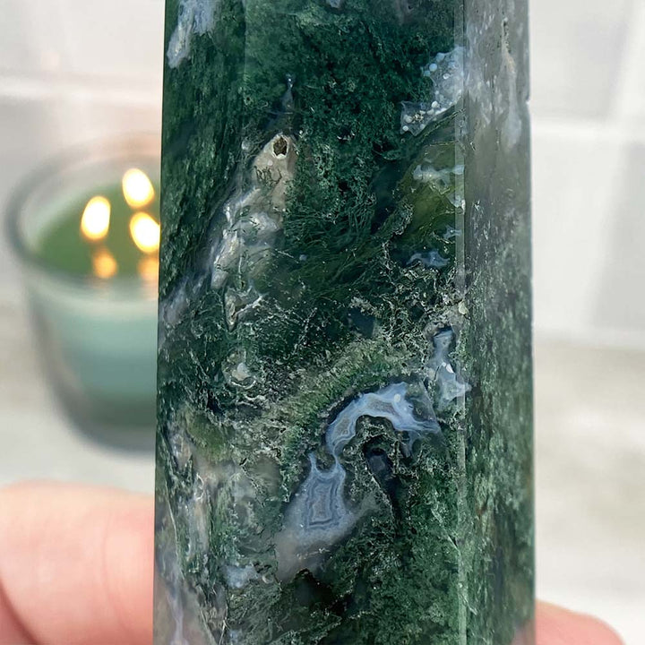 Polished Druzy Moss Agate Tower