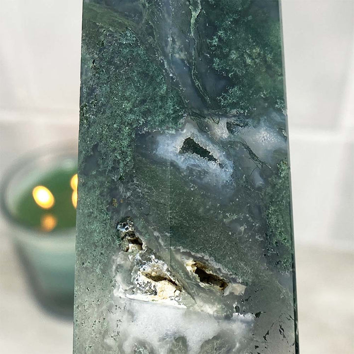 Polished Druzy Moss Agate Tower