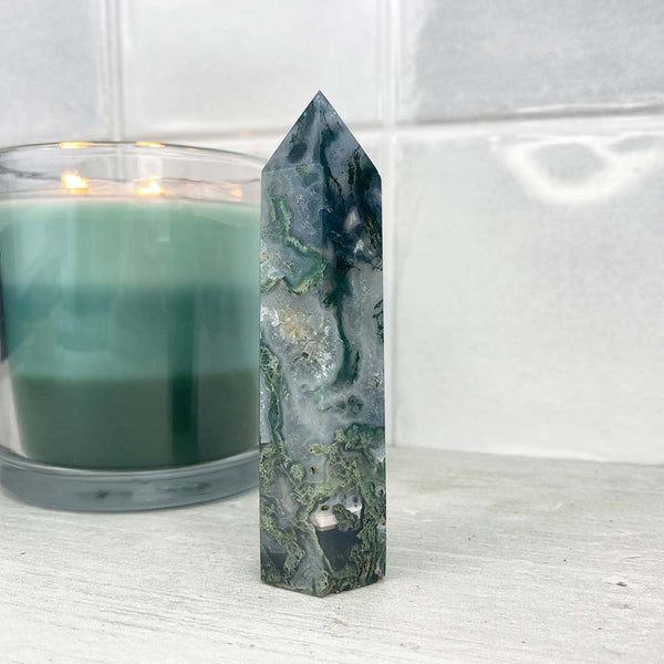 Polished Druzy Moss Agate Tower