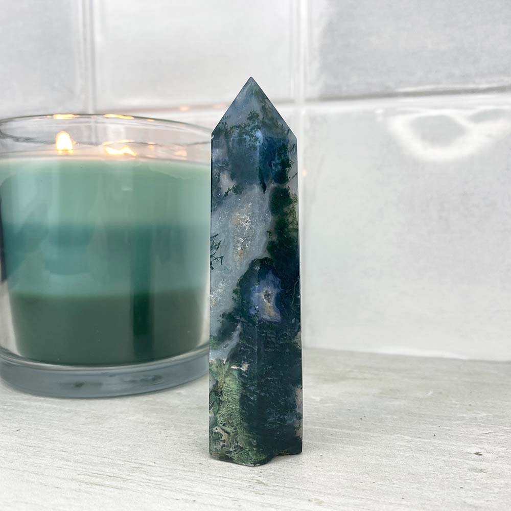 Polished Druzy Moss Agate Tower