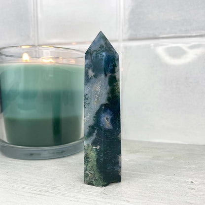 Polished Druzy Moss Agate Tower