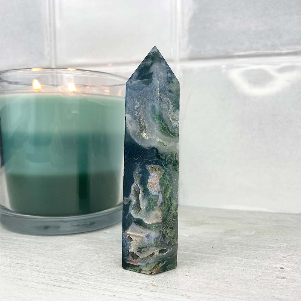 Polished Druzy Moss Agate Tower