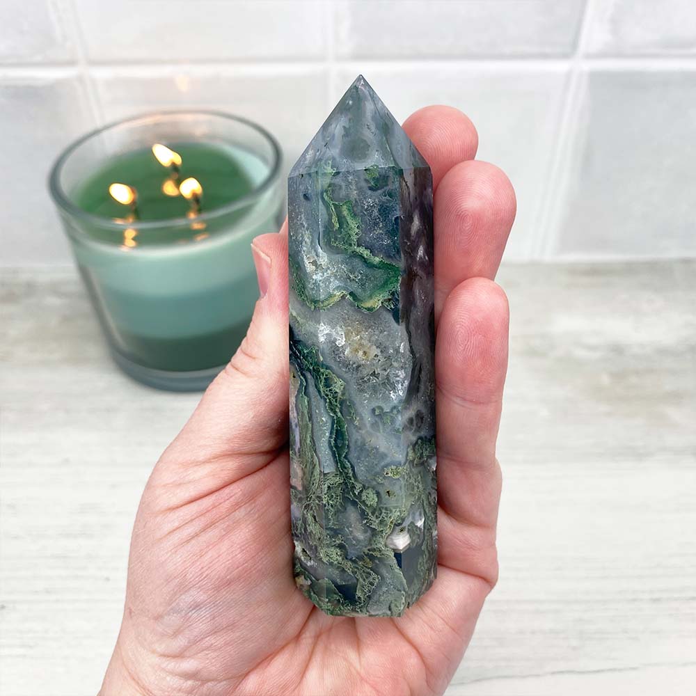 Polished Druzy Moss Agate Tower