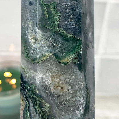 Polished Druzy Moss Agate Tower