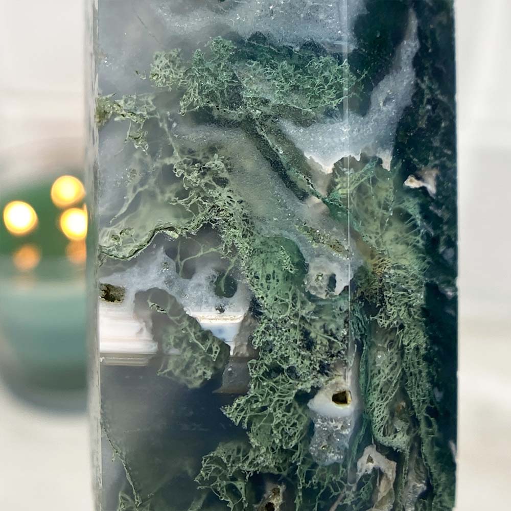 Polished Druzy Moss Agate Tower