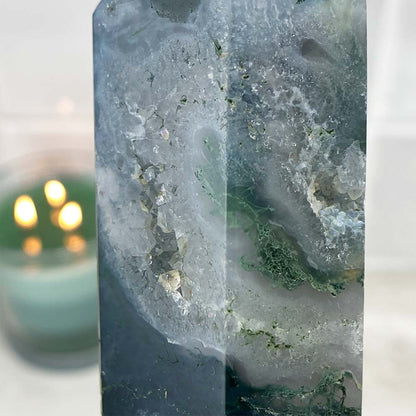 Polished Druzy Moss Agate Tower