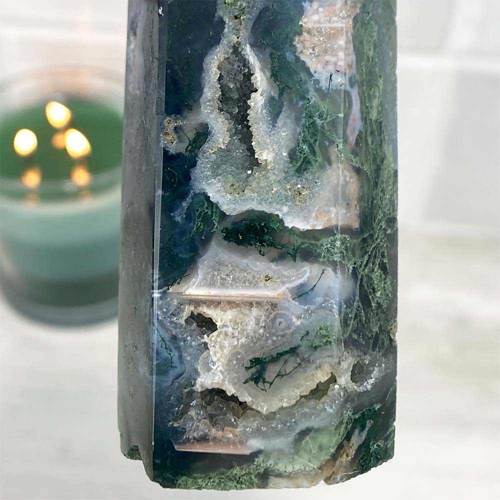Polished Druzy Moss Agate Tower