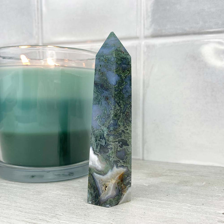 Polished Druzy Moss Agate Tower