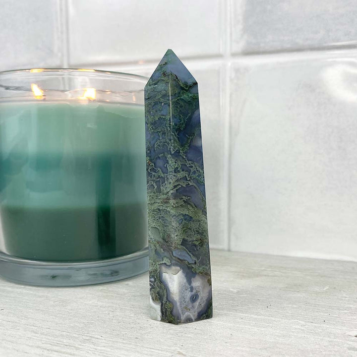 Polished Druzy Moss Agate Tower