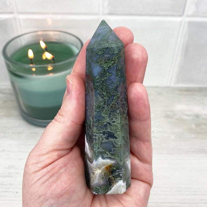 Polished Druzy Moss Agate Tower