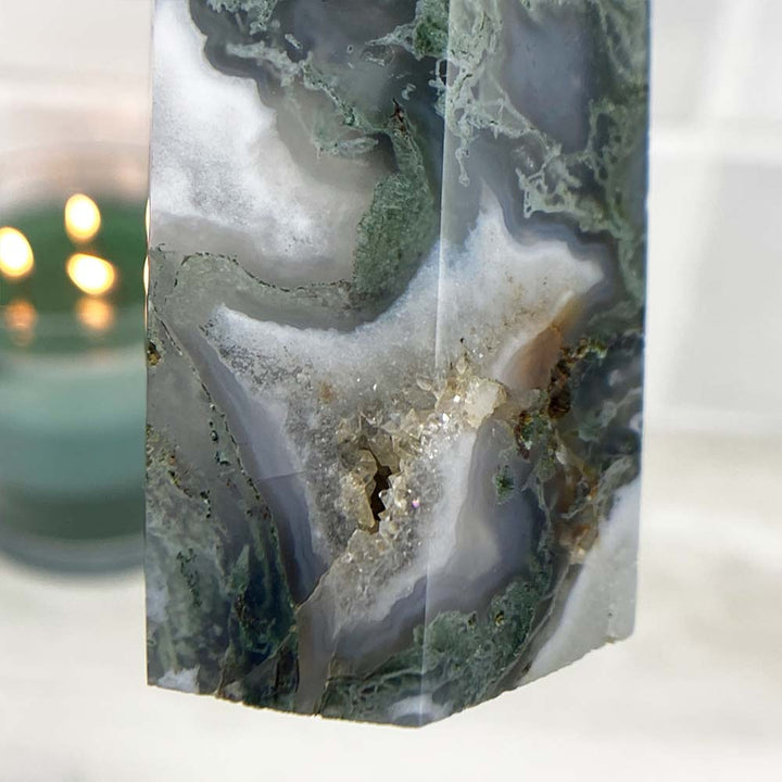 Polished Druzy Moss Agate Tower