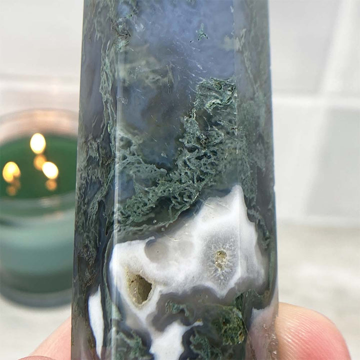 Polished Druzy Moss Agate Tower