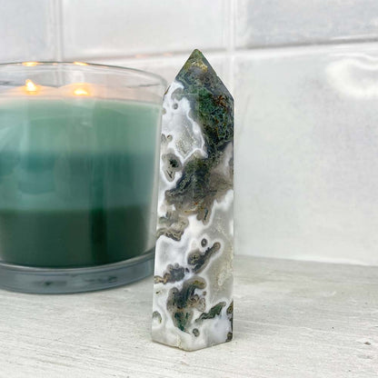 Polished Druzy Moss Agate Tower