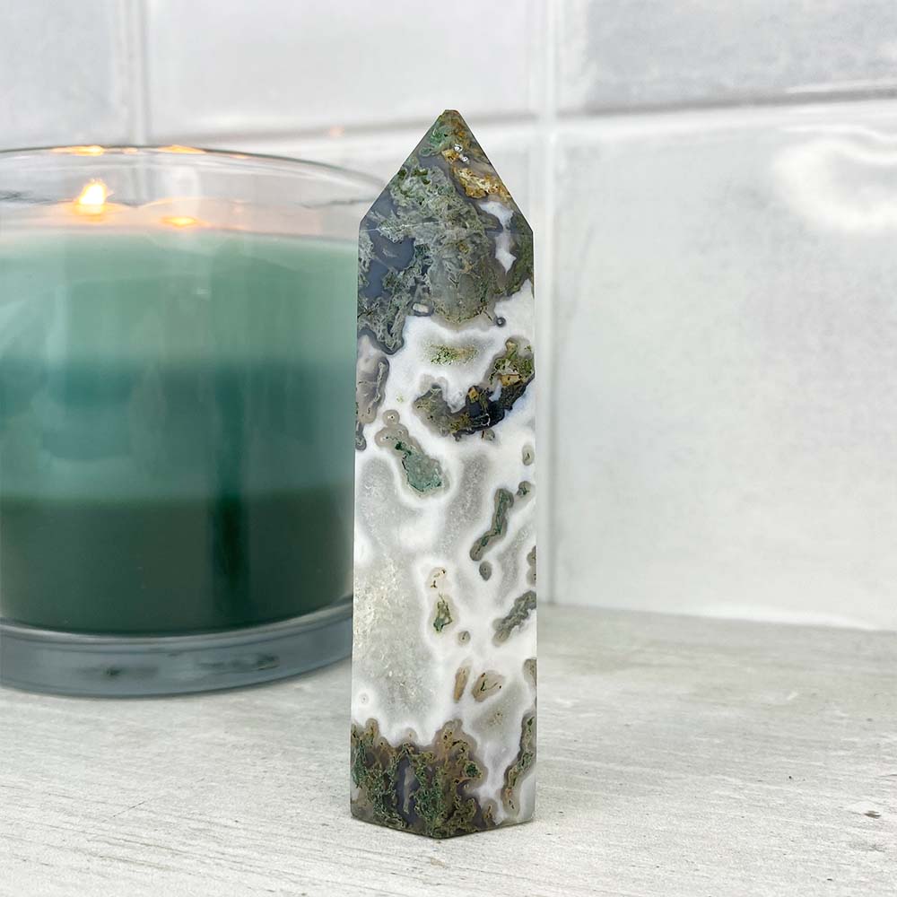 Polished Druzy Moss Agate Tower