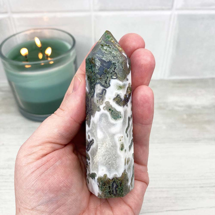 Polished Druzy Moss Agate Tower