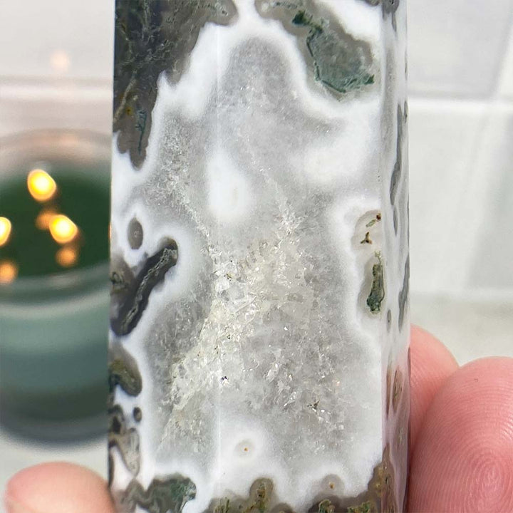 Polished Druzy Moss Agate Tower