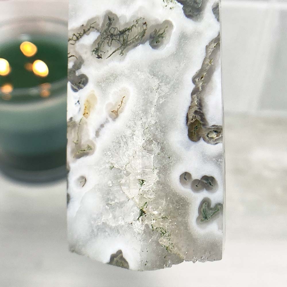 Polished Druzy Moss Agate Tower