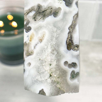 Polished Druzy Moss Agate Tower