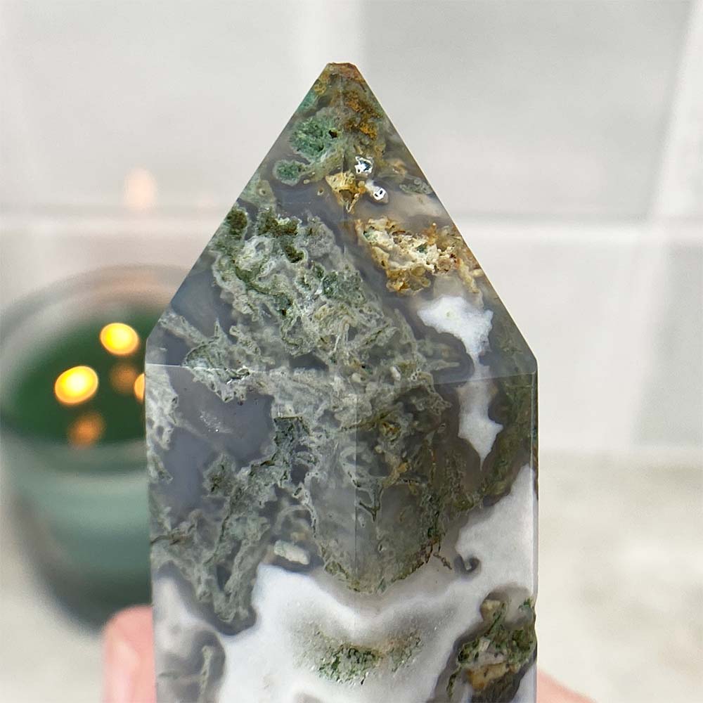 Polished Druzy Moss Agate Tower