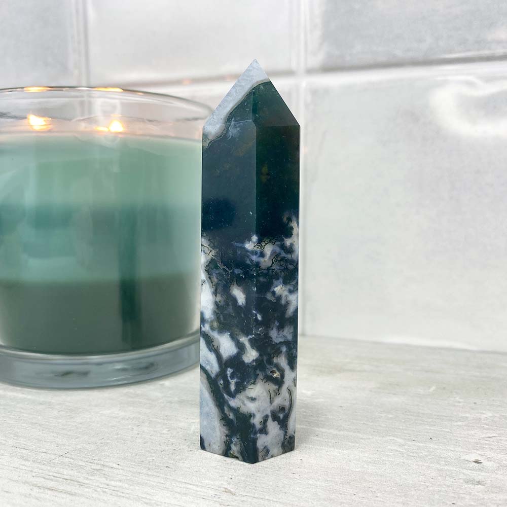 Polished Druzy Moss Agate Tower