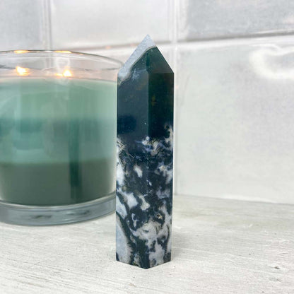 Polished Druzy Moss Agate Tower