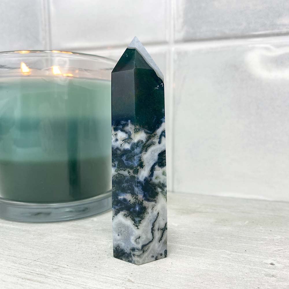 Polished Druzy Moss Agate Tower