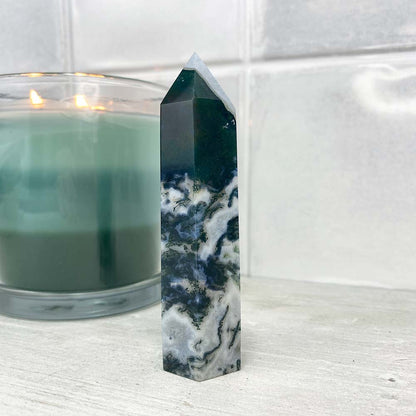 Polished Druzy Moss Agate Tower