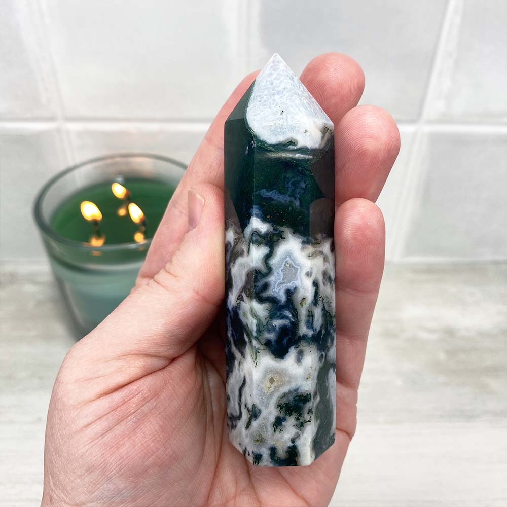 Polished Druzy Moss Agate Tower