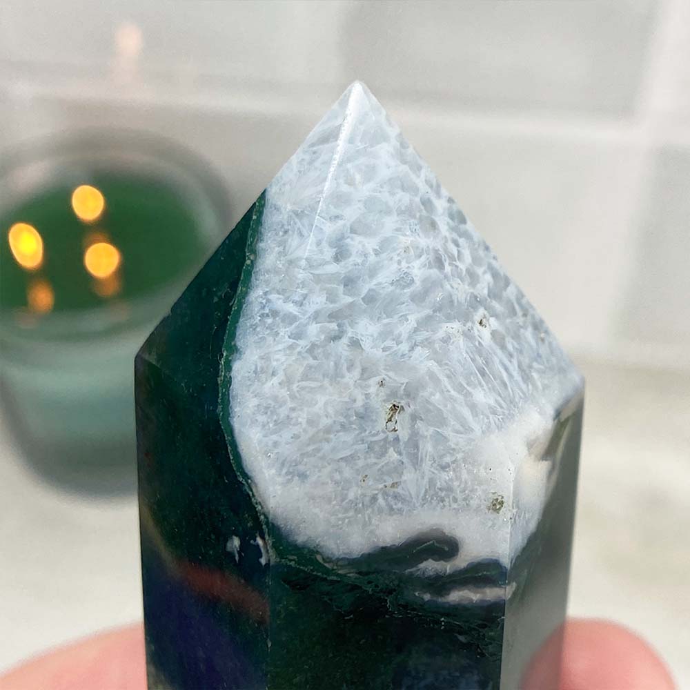 Polished Druzy Moss Agate Tower
