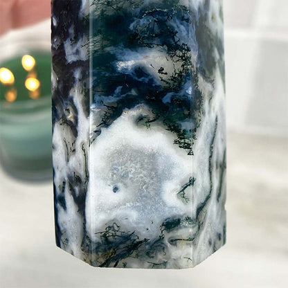 Polished Druzy Moss Agate Tower