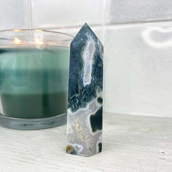 Polished Druzy Moss Agate Tower