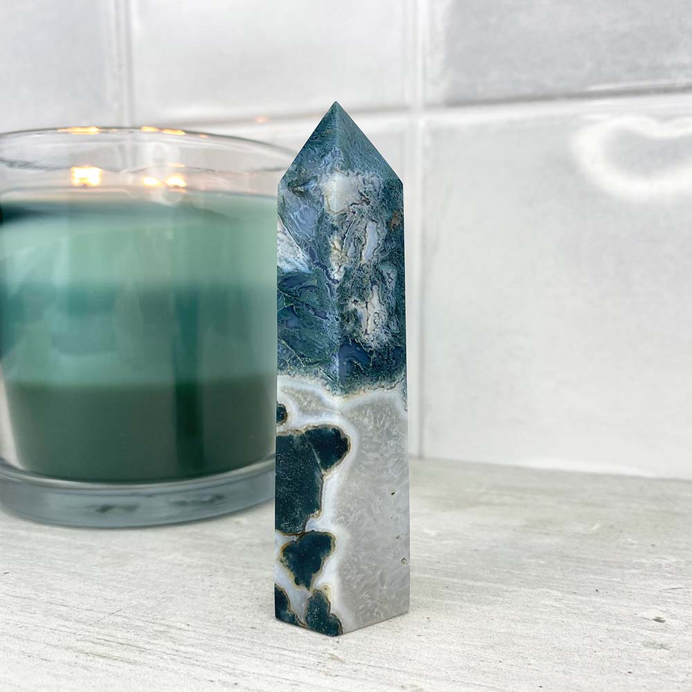 Polished Druzy Moss Agate Tower