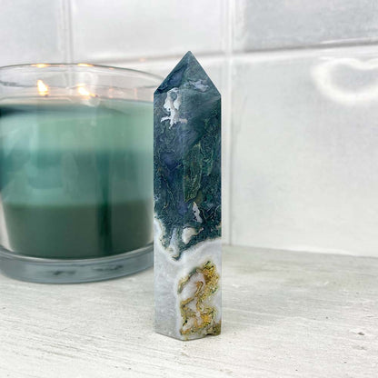 Polished Druzy Moss Agate Tower