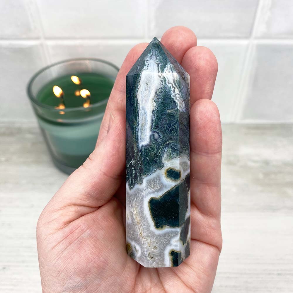 Polished Druzy Moss Agate Tower