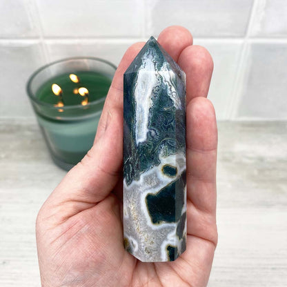 Polished Druzy Moss Agate Tower