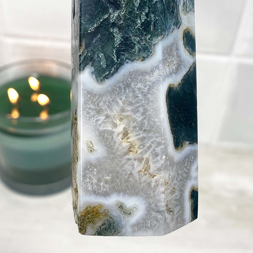 Polished Druzy Moss Agate Tower
