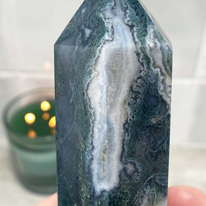 Polished Druzy Moss Agate Tower
