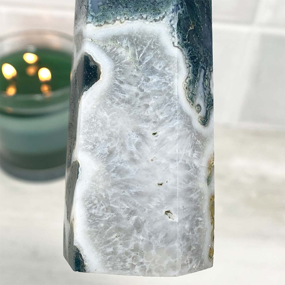 Polished Druzy Moss Agate Tower