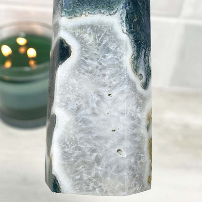Polished Druzy Moss Agate Tower