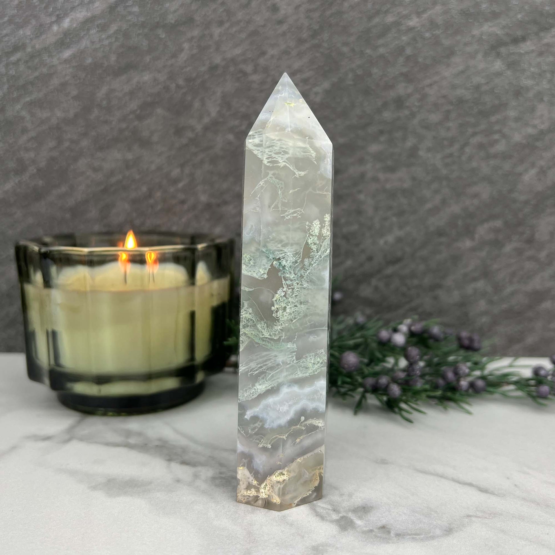 Polished Druzy Moss Agate Tower