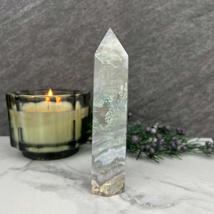 Polished Druzy Moss Agate Tower