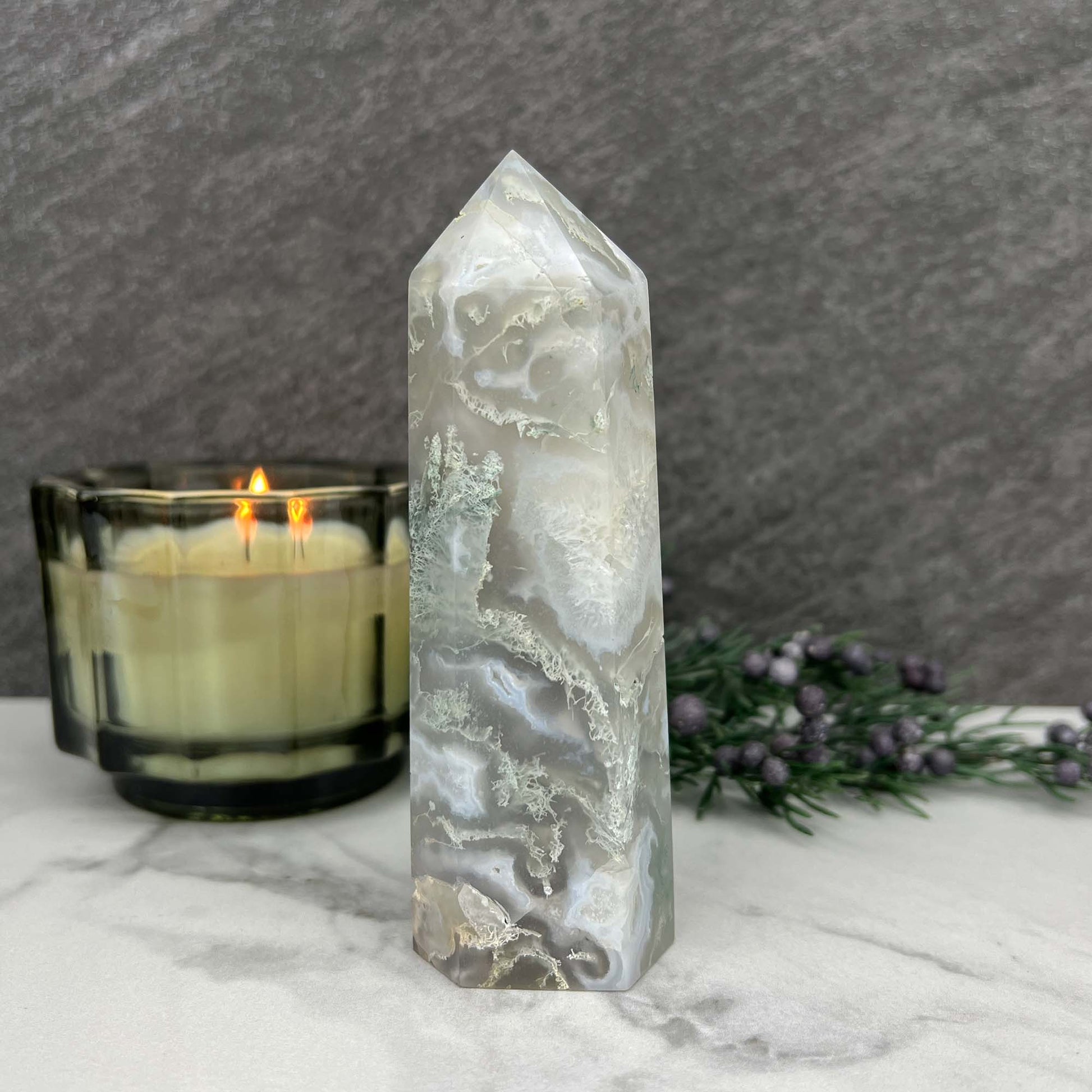 Polished Druzy Moss Agate Tower