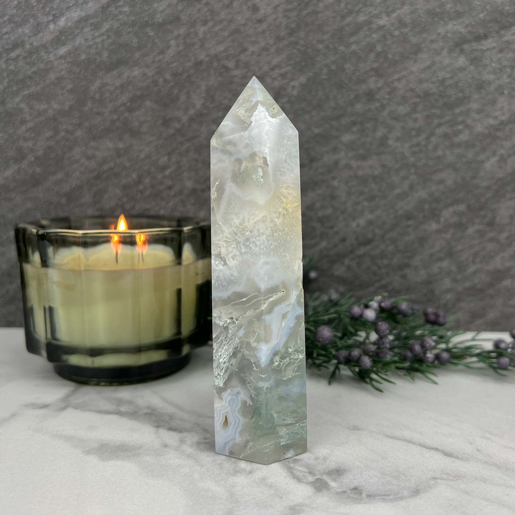 Polished Druzy Moss Agate Tower