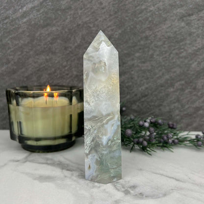 Polished Druzy Moss Agate Tower