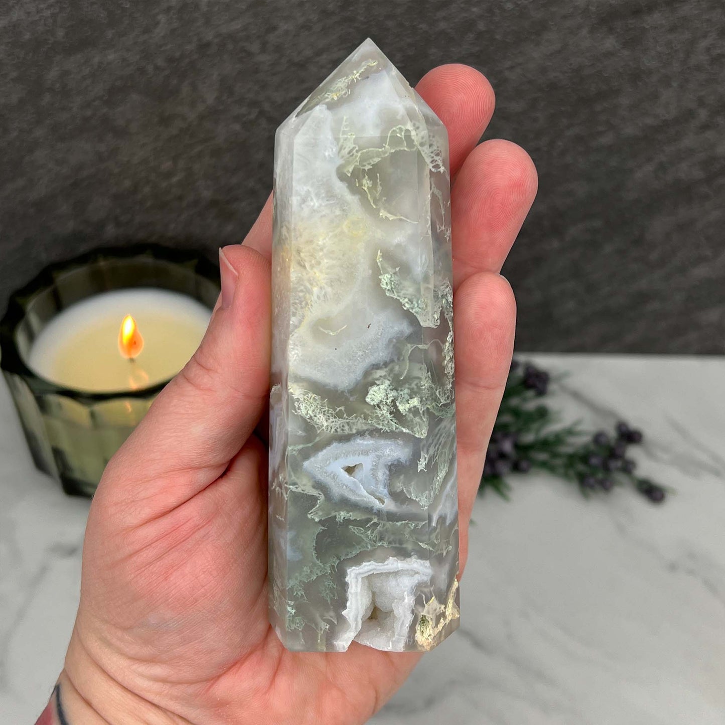 Polished Druzy Moss Agate Tower