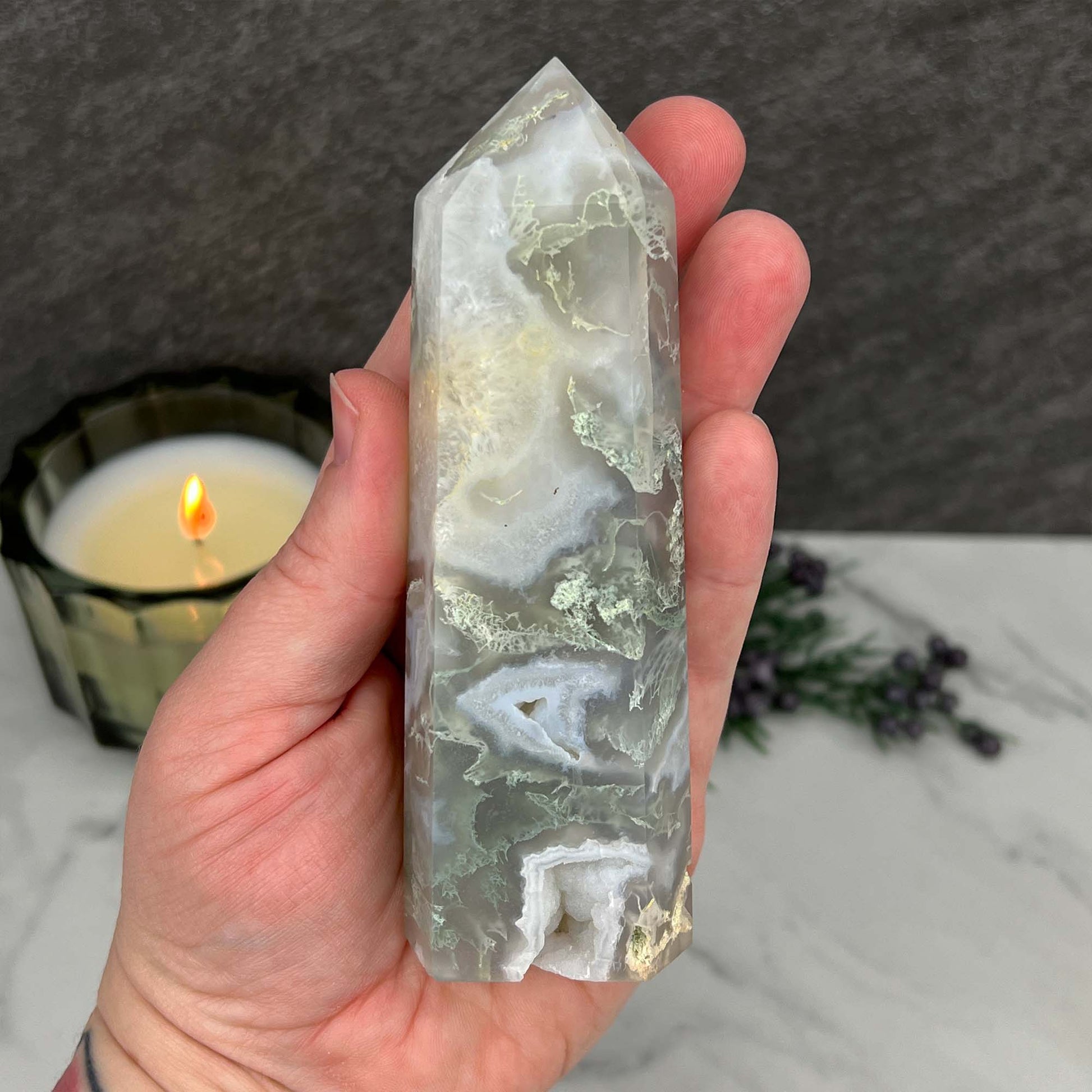 Polished Druzy Moss Agate Tower