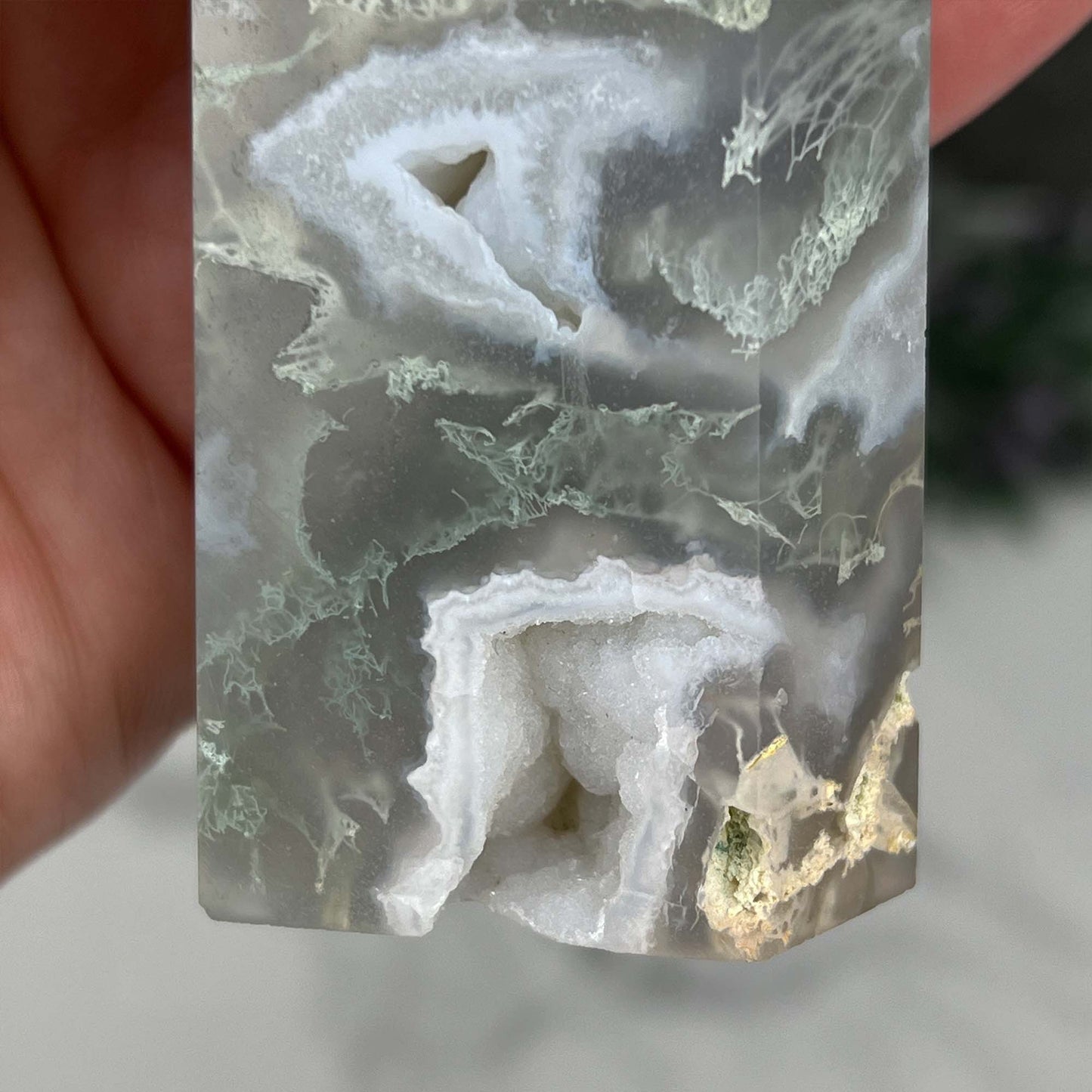 Polished Druzy Moss Agate Tower