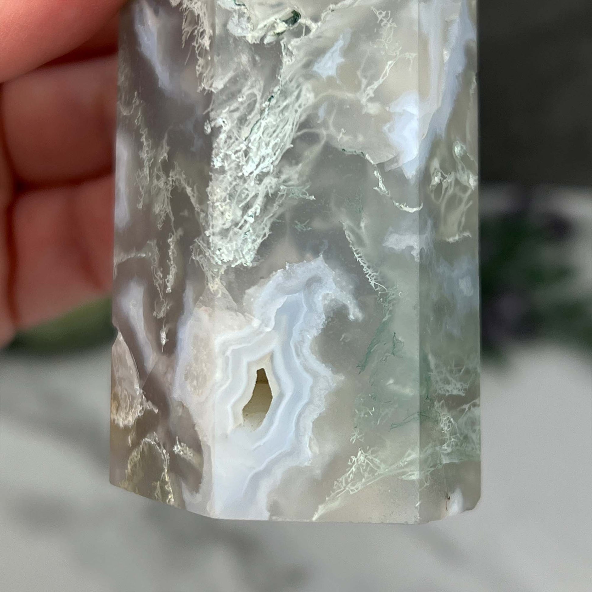 Polished Druzy Moss Agate Tower